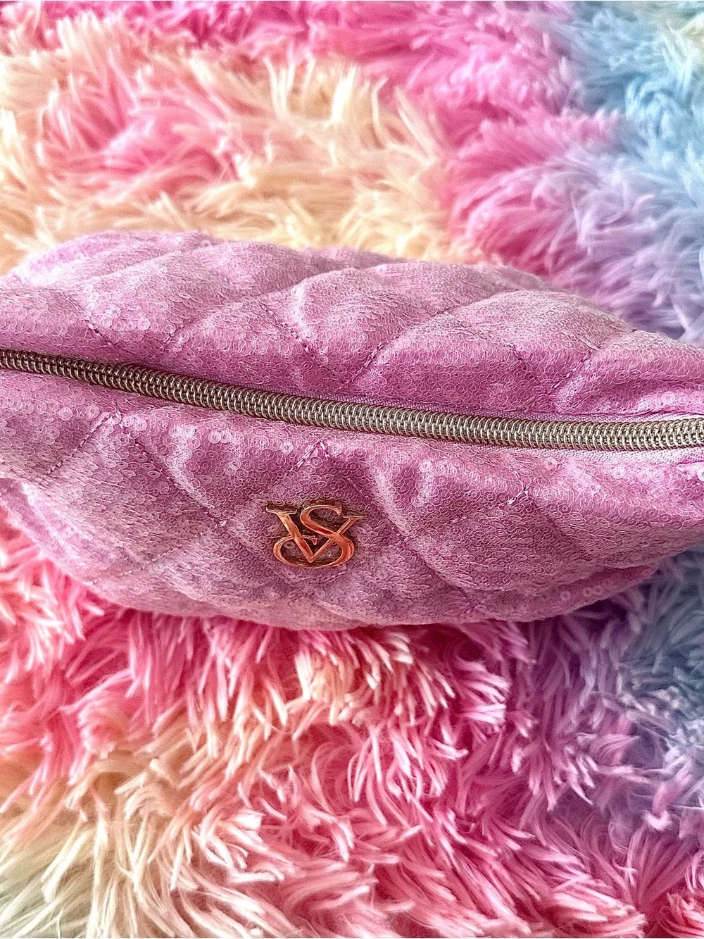 Victoria's Secret Pink Quilted Sequin Zipper Bag Cosmetic Pouch